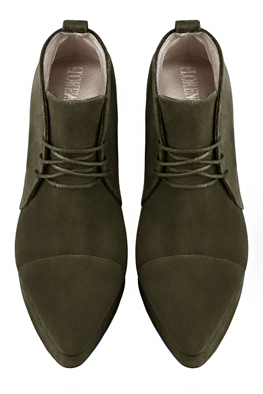 Khaki green women's ankle boots with laces at the front. Tapered toe. Very high slim heel with a platform at the front. Top view - Florence KOOIJMAN